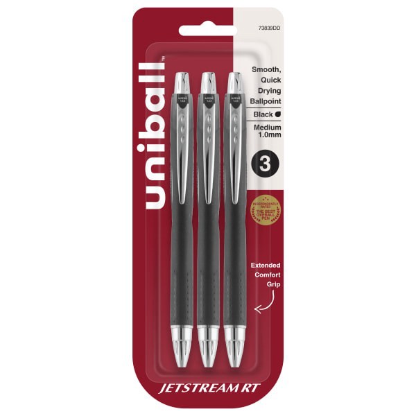 slide 1 of 7, uni-ball Jetstream Rt Retractable Ballpoint Pens, Bold Point, 1.0 Mm, Black Barrel, Black Ink, Pack Of 3, 3 ct