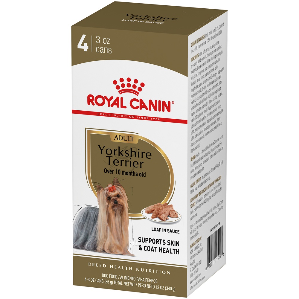 slide 3 of 9, Royal Canin Breed Health Nutrition Yorkshire Terrier Loaf in Sauce Dog Food Multipack, 4 ct; 3 oz