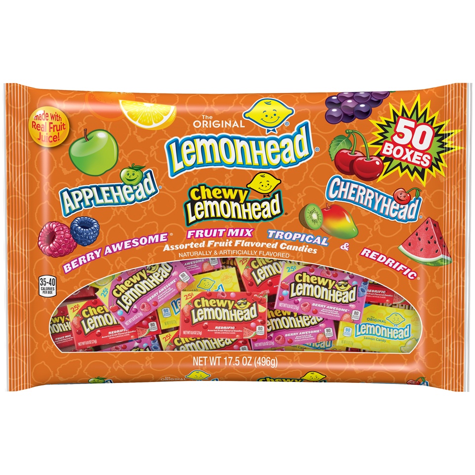 slide 1 of 2, Ferrara Lemonhead, Chewy Lemonhead, Applehead, & Cherryhead Candy Variety Pack 50 Boxes, 17.5 oz