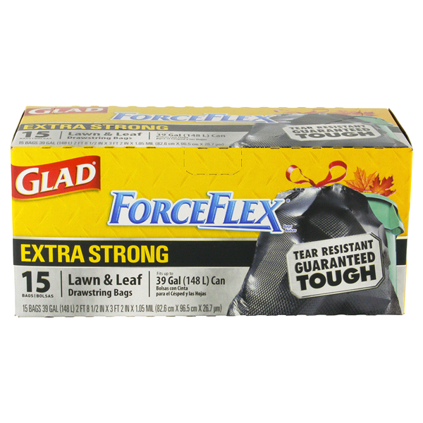 slide 1 of 1, Glad ForceFlex Extra Strong Lawn & Leaf Drawstring Trash Bags, 15 ct