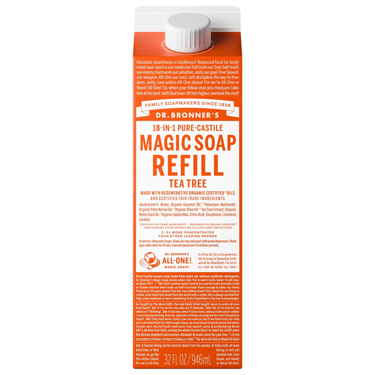 slide 1 of 13, Dr. Bronner's Tea Tree Pure-Castile Soap Refill Carton, 32 fl oz
