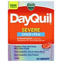 Vicks DayQuil SEVERE Cold & Flu Over-the-Counter Medicine, Powerful Non-Drowsy Daytime Relief for Headache, Fever, Sore Throat, Minor Aches and Pains, Chest Congestion, Stuffy Nose, Nasal Congestion, Sinus Pressure, and Cough, 24 Liquicaps