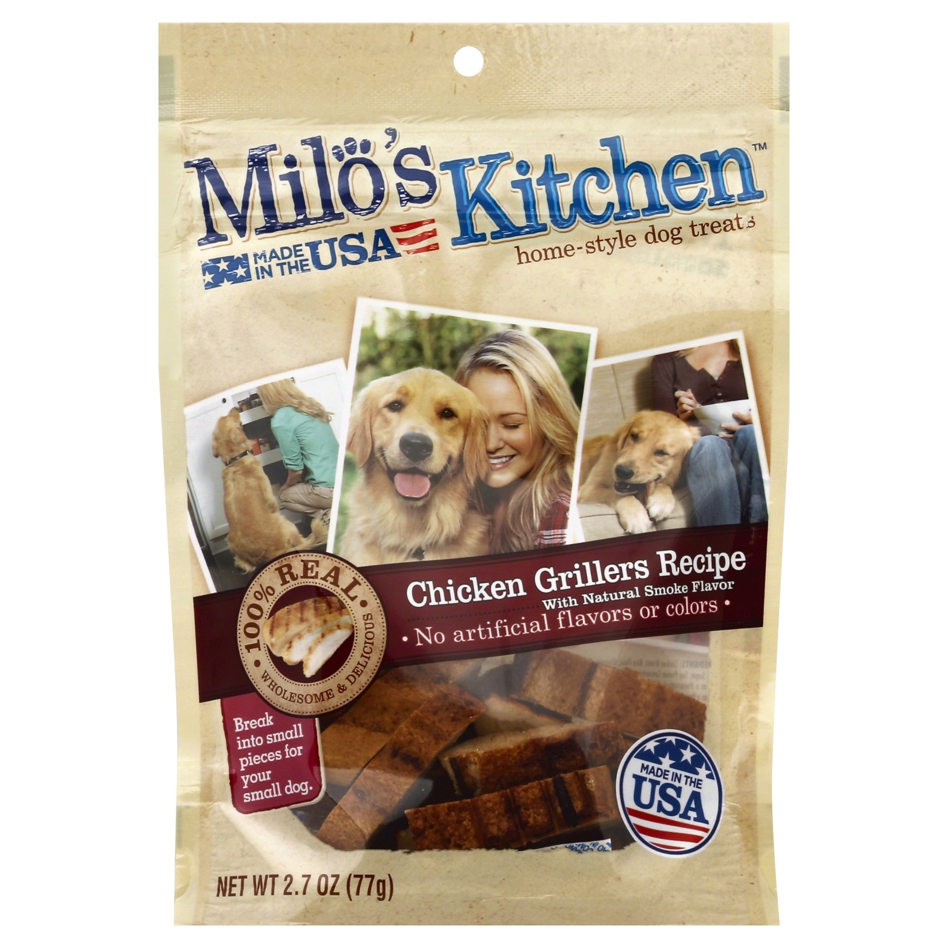 slide 1 of 1, Milo's Kitchen Home-Style Dog Treats Chicken Grillers Recipe, 2.7 oz