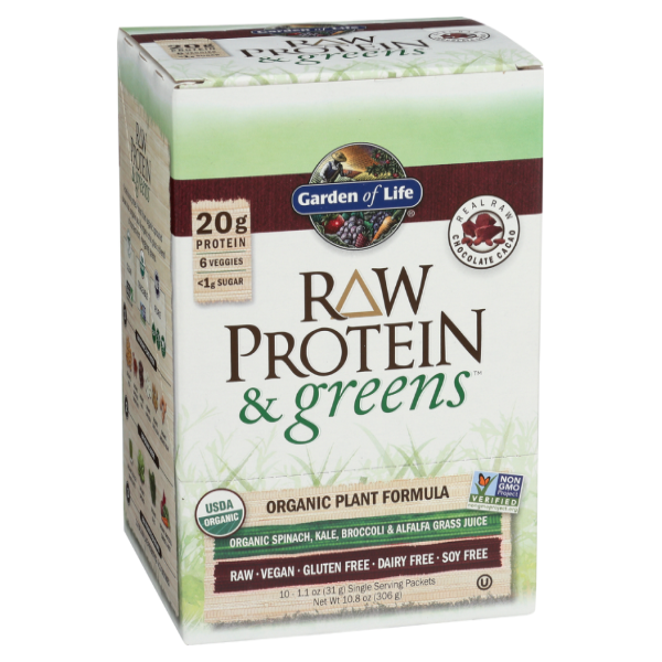 slide 1 of 1, Garden of Life Protein And Greens Chocolate Box Raw Organic, 10 ct; 1.1 oz