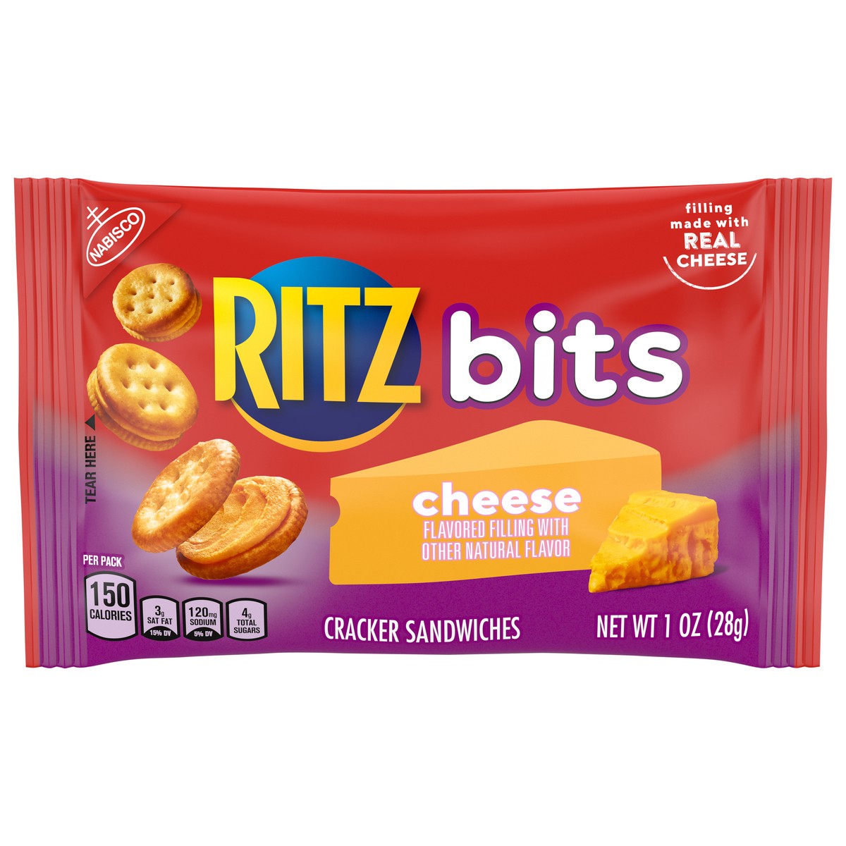 slide 1 of 9, RITZ Bits Cheese Cracker Sandwiches, 1 oz Snack Pack, 1 oz