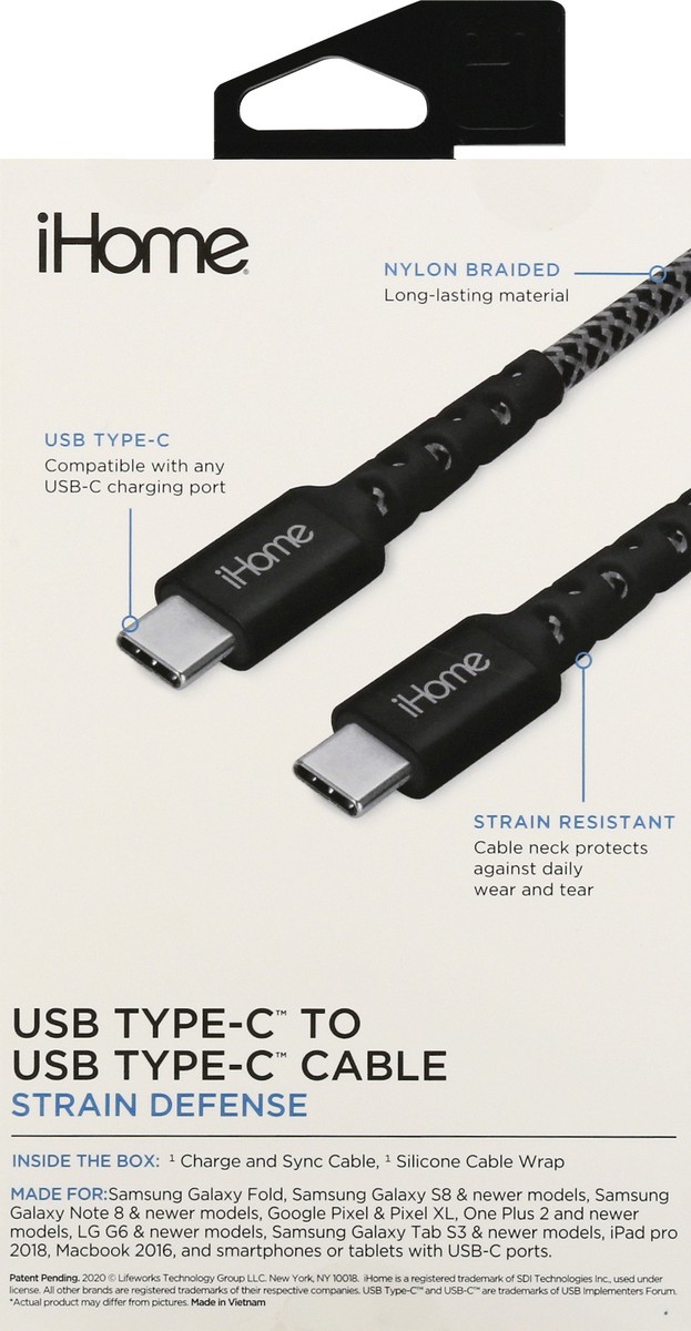 slide 11 of 11, iHome 6 Feet USB Type-C to USB Type-C Strain Defense Cable 1 ea, 1 ct