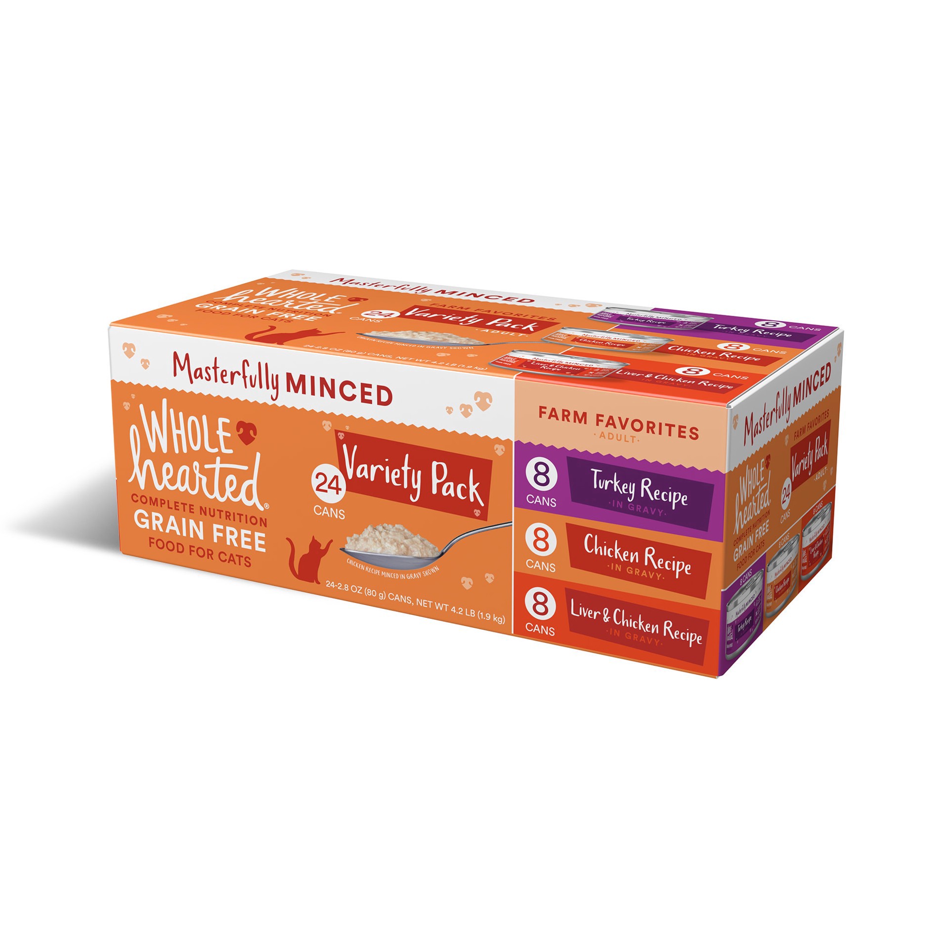 slide 1 of 1, WholeHearted Adult Grain-Free Farm Favorites Minced in Gravy Wet Cat Food Variety Pack, 2.8 oz., Count of 24, 1 ct