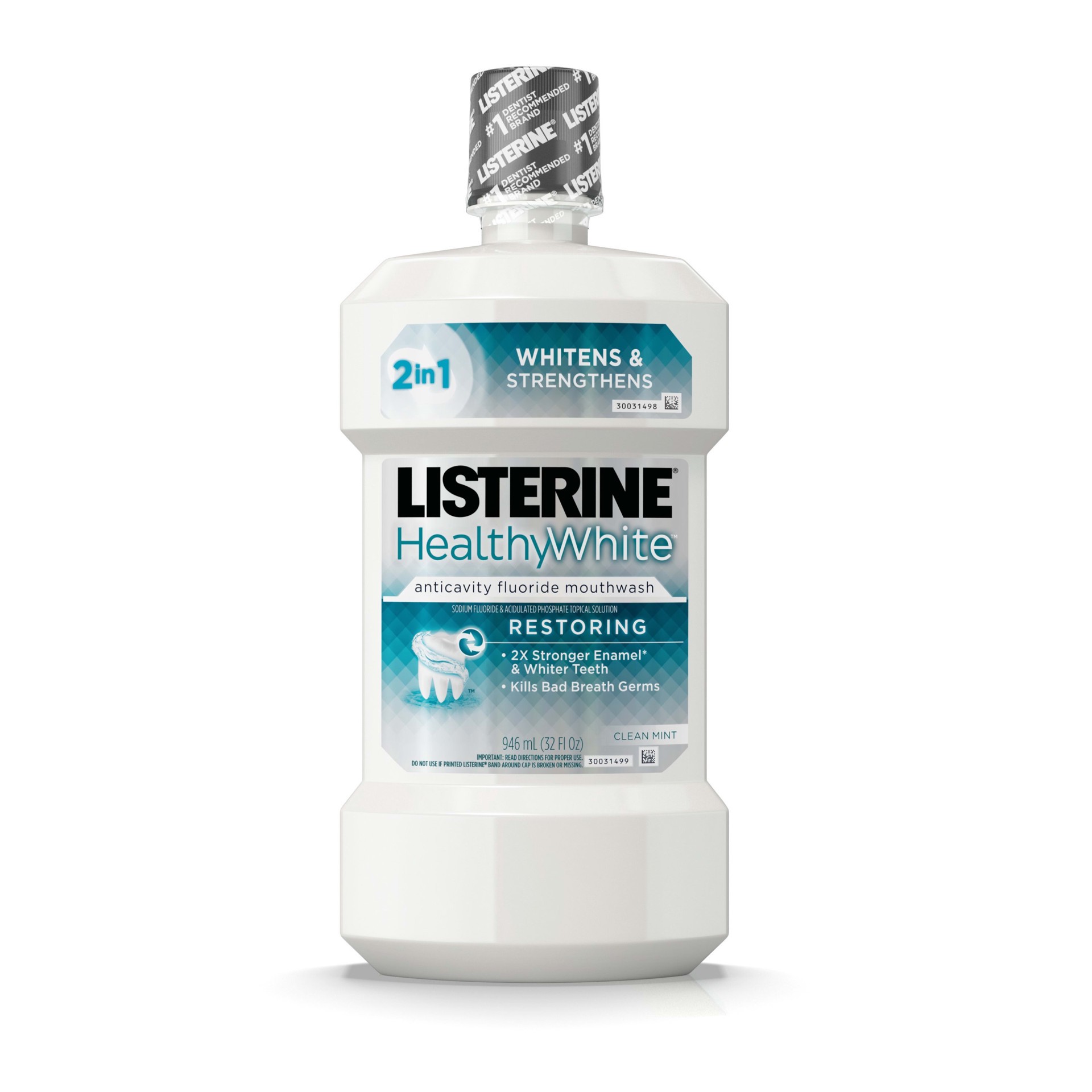 slide 1 of 7, Listerine Healthy White Clean Mint Restoring Fluoride Rinse For Teeth Whitening, 32 fl oz