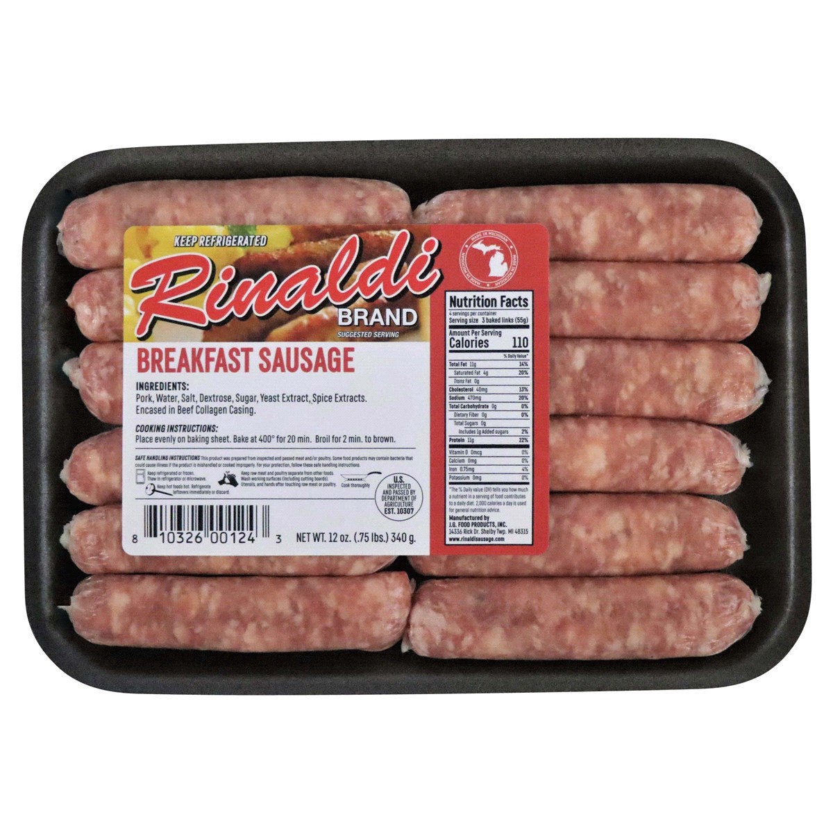 slide 1 of 1, OTHER-NATIONAL Rinaldi Breakfast sausage Maroon writing, 12oz 12-1oz links, 12 oz