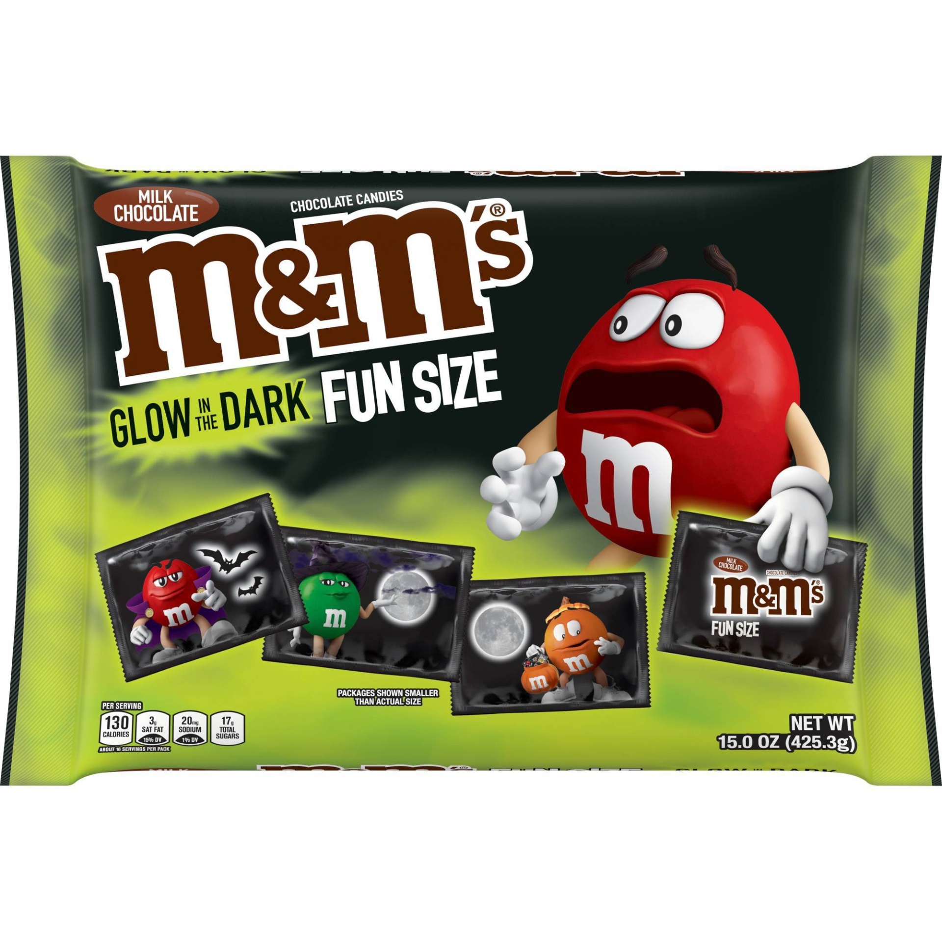 slide 1 of 1, M&M's Fun Size Milk Chocolate Candies Glow In The Dark Trick-Or-Treat-Packs, 15 oz
