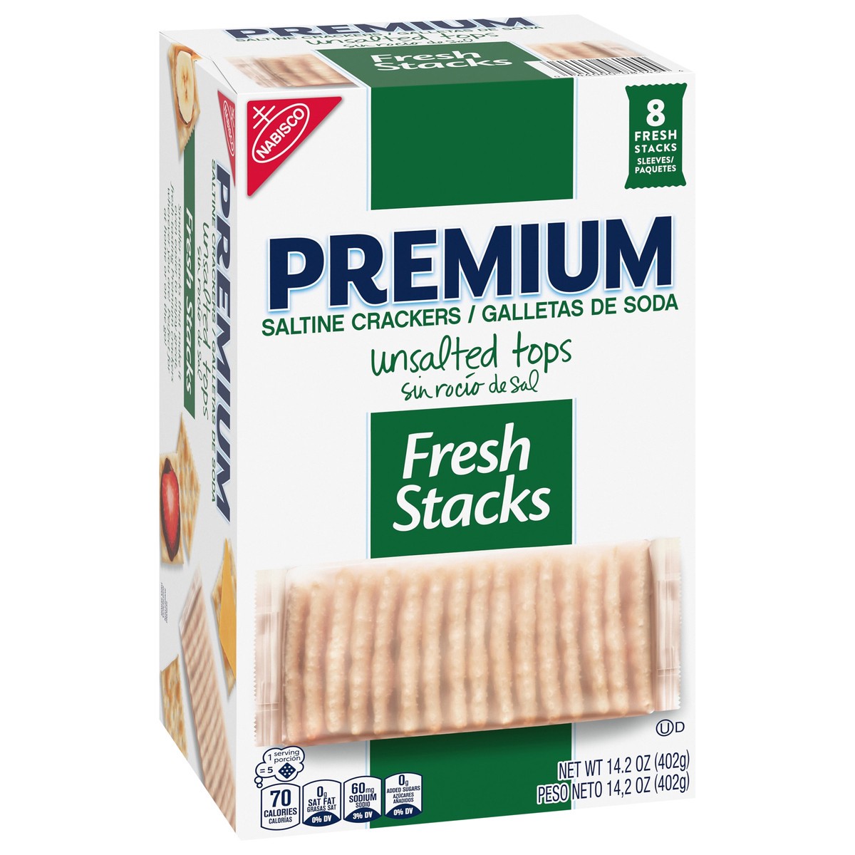 slide 9 of 14, Premium Fresh Stacks Unsalted Tops Saltine Crackers, Travel Snacks, 14.2 oz (8 Multi Snack Packs), 14.2 oz