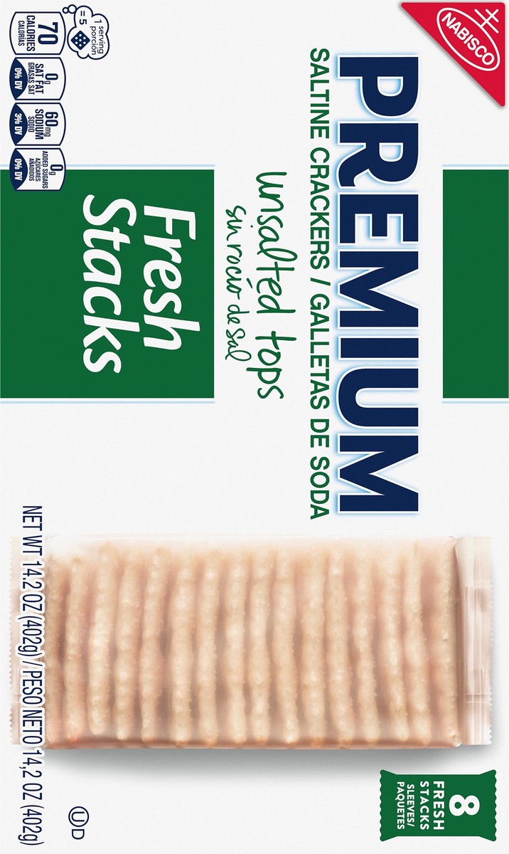 slide 3 of 14, Premium Fresh Stacks Unsalted Tops Saltine Crackers, Travel Snacks, 14.2 oz (8 Multi Snack Packs), 14.2 oz