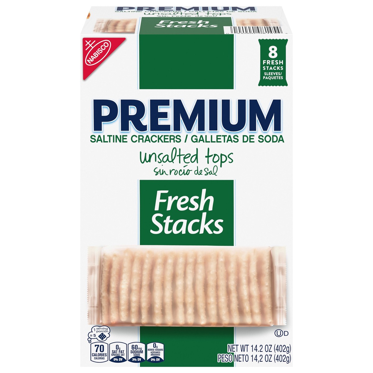 slide 4 of 14, Premium Fresh Stacks Unsalted Tops Saltine Crackers, Travel Snacks, 14.2 oz (8 Multi Snack Packs), 14.2 oz