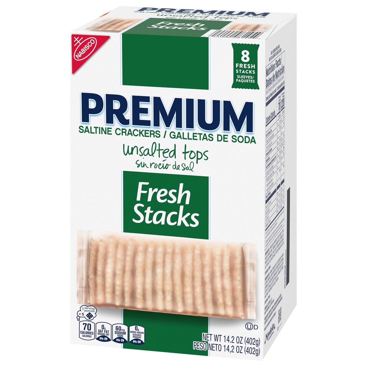 slide 8 of 14, Premium Fresh Stacks Unsalted Tops Saltine Crackers, Travel Snacks, 14.2 oz (8 Multi Snack Packs), 14.2 oz
