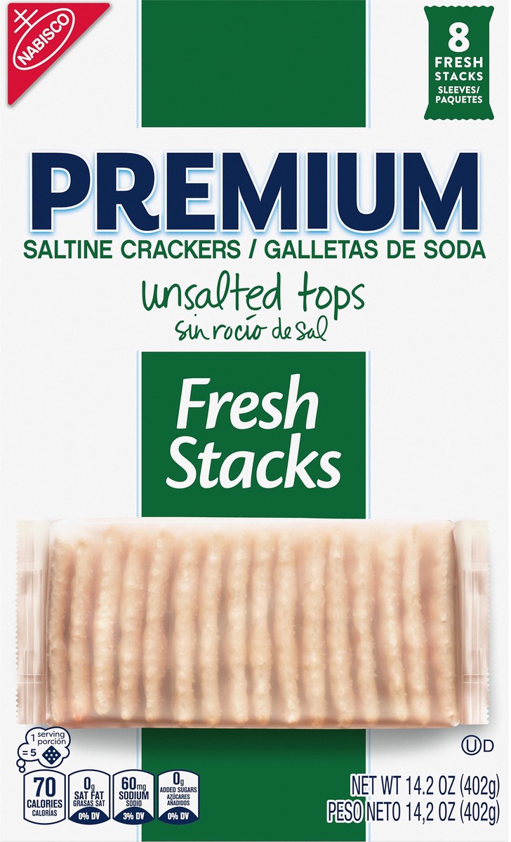 slide 10 of 14, Premium Fresh Stacks Unsalted Tops Saltine Crackers, Travel Snacks, 14.2 oz (8 Multi Snack Packs), 14.2 oz