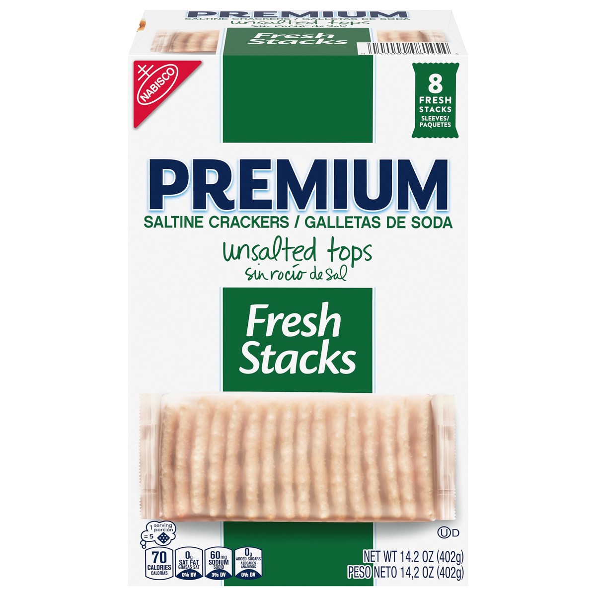 slide 1 of 14, Premium Fresh Stacks Unsalted Tops Saltine Crackers, Travel Snacks, 14.2 oz (8 Multi Snack Packs), 14.2 oz