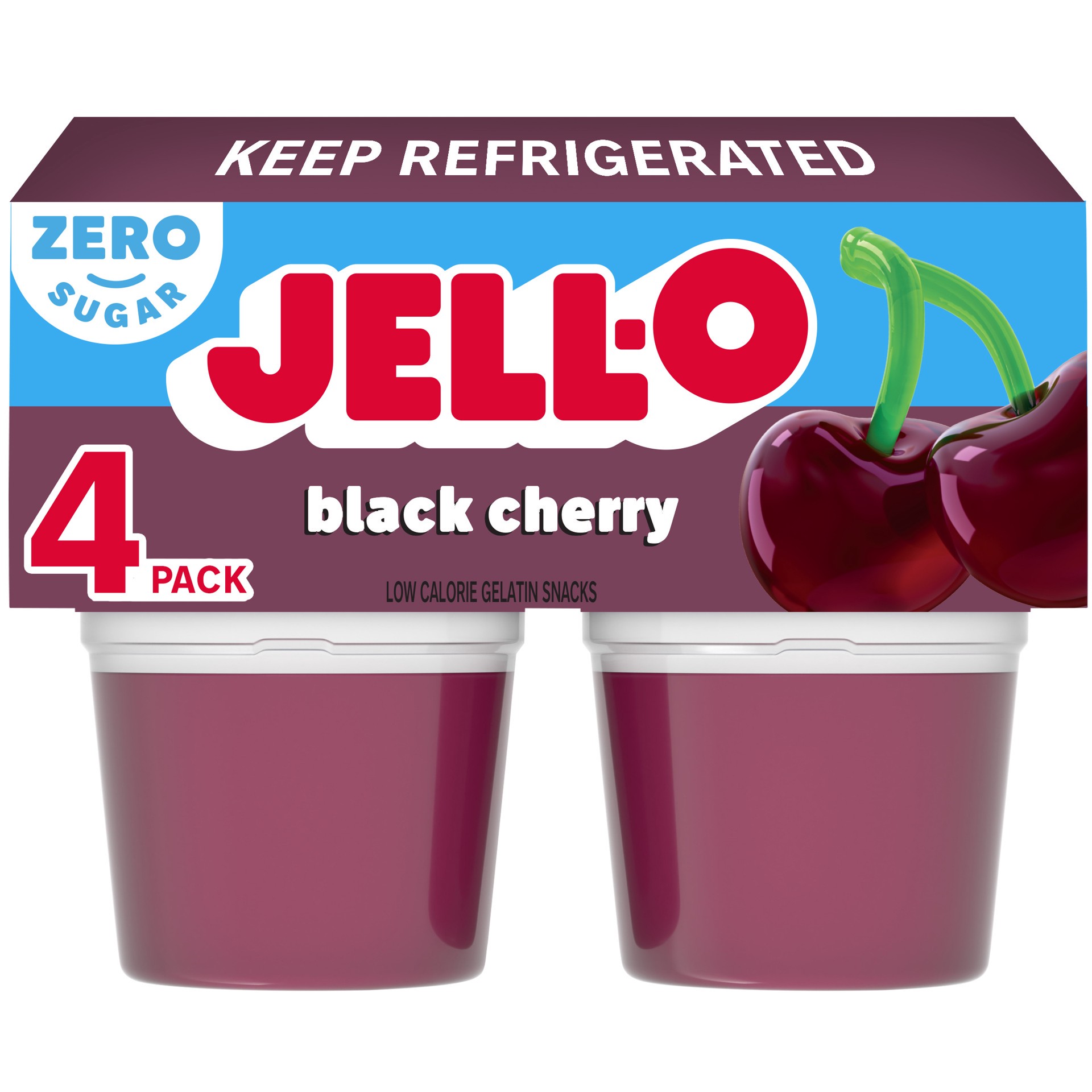 slide 1 of 5, Jell-O Black Cherry Artificially Flavored Zero Sugar Ready-to-Eat Gelatin Snack Cups, 4 ct Cups, 12.5 oz