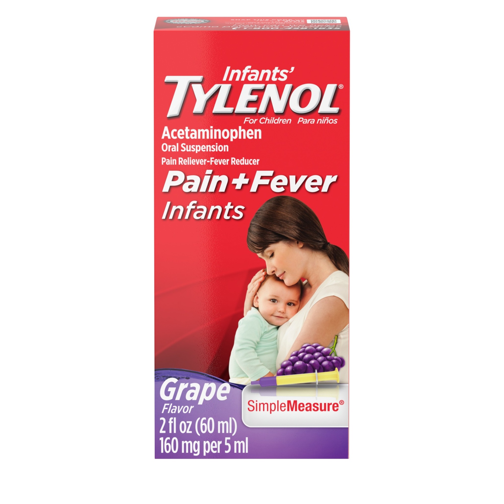 slide 1 of 5, Infants' Tylenol Oral Suspension Liquid Medicine with Acetaminophen, Baby Fever Reducer & Pain Reliever for Minor Aches & Pains, Sore Throat, Headache & Toothache, Grape Flavor, 2 fl oz