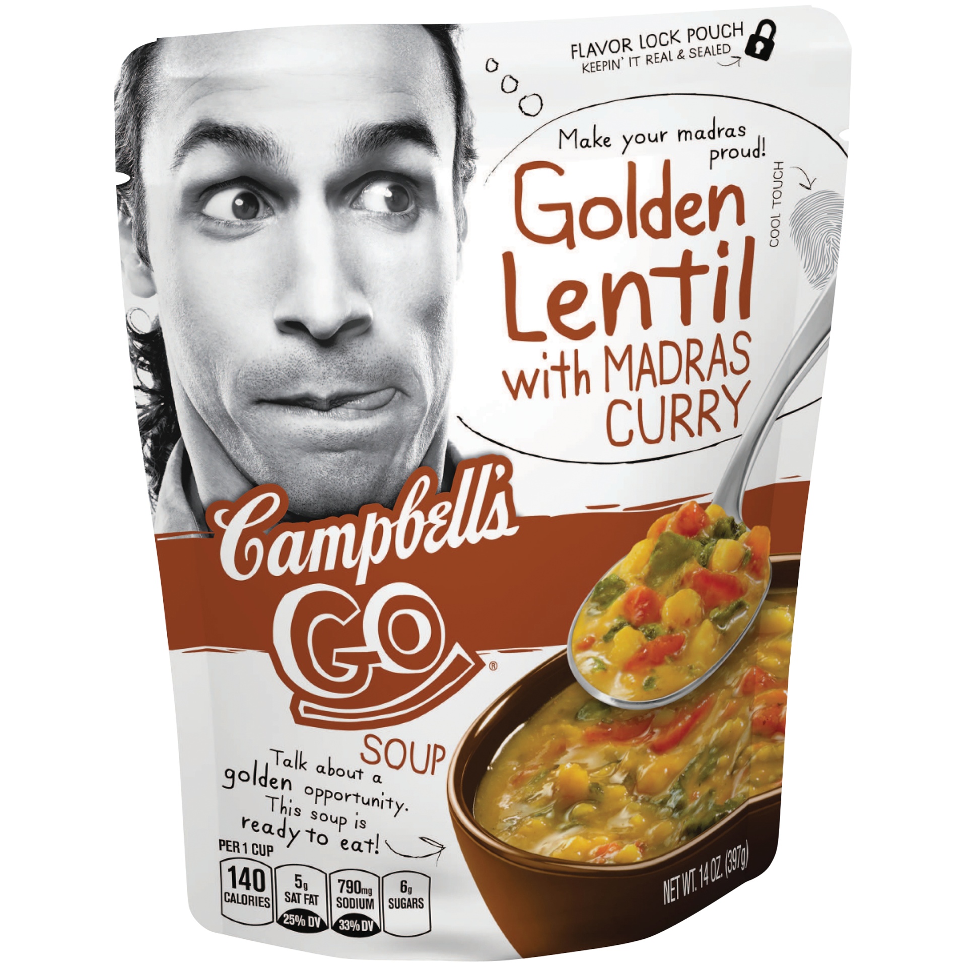 slide 1 of 1, Campbell's Go Golden Lentil with Madras Curry Soup, 14 oz
