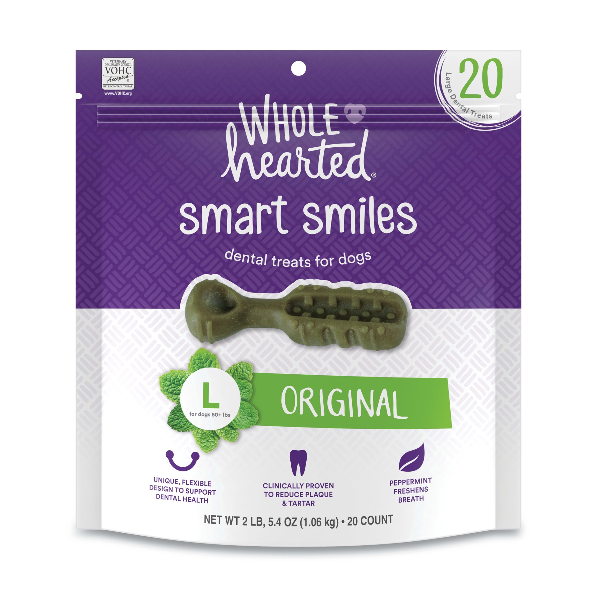 slide 1 of 1, WholeHearted Smart Smiles Original Flavor Dog Treats, 37.4 oz., Count of 20, 1 ct