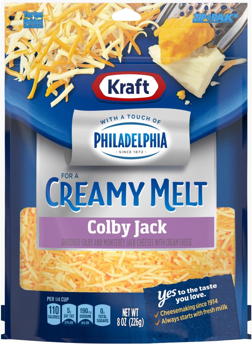 slide 2 of 9, Kraft Colby Jack Shredded Cheese with a Touch of Philadelphia for a Creamy Melt, 8 oz Bag, 8 oz