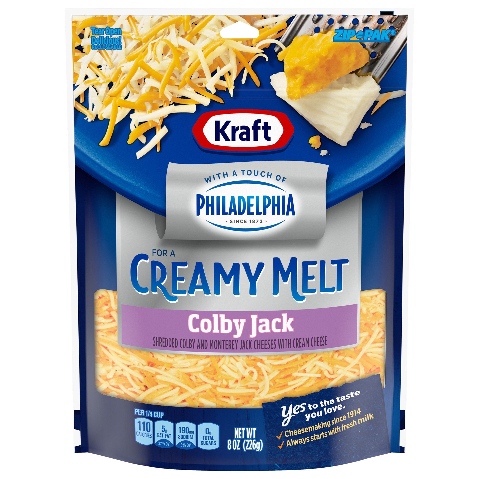 slide 1 of 9, Kraft Colby Jack Shredded Cheese with a Touch of Philadelphia for a Creamy Melt, 8 oz Bag, 8 oz