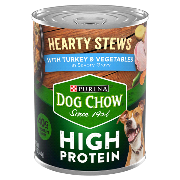 slide 1 of 1, Purina Dog Chow High Protein, Gravy Wet Dog Food, High Protein Hearty Stews With Real Turkey & Vegetables - 13 oz. Can, 13 oz