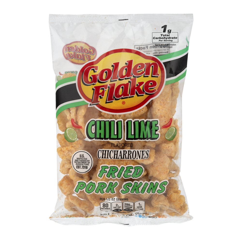 slide 1 of 1, Golden Flake Chicharrones Chili Lime Fried Pork Skins 3 oz, 3 oz