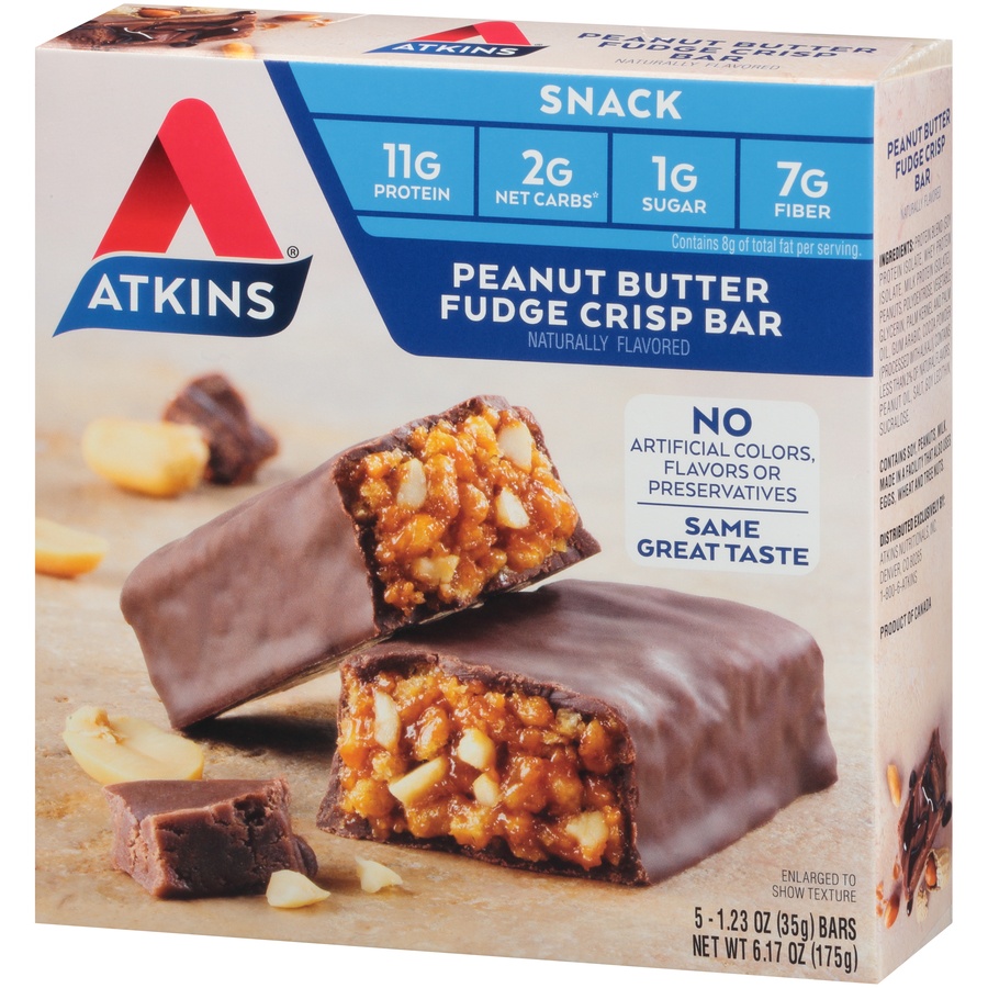 slide 3 of 8, Atkins Peanut Butter Fudge Crisp Snack Bar, 5 ct; 1.23 oz