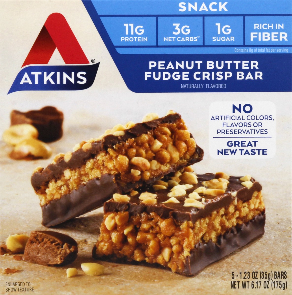 slide 4 of 9, Atkins Snack Bar, Peanut Butter Fudge Crisp, 5 ct; 1.23 oz