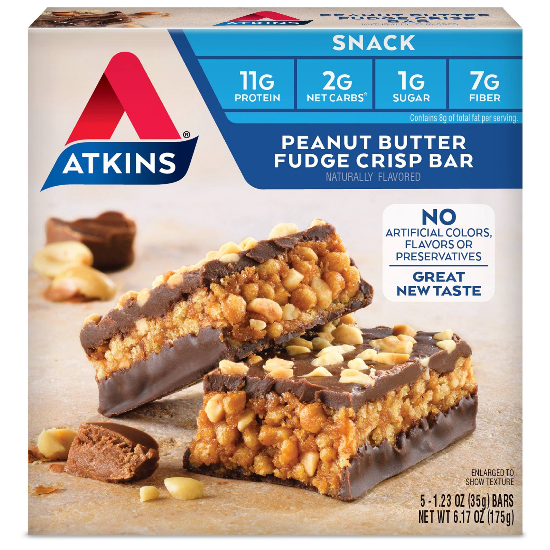 slide 1 of 9, Atkins Snack Bar, Peanut Butter Fudge Crisp, 5 ct; 1.23 oz