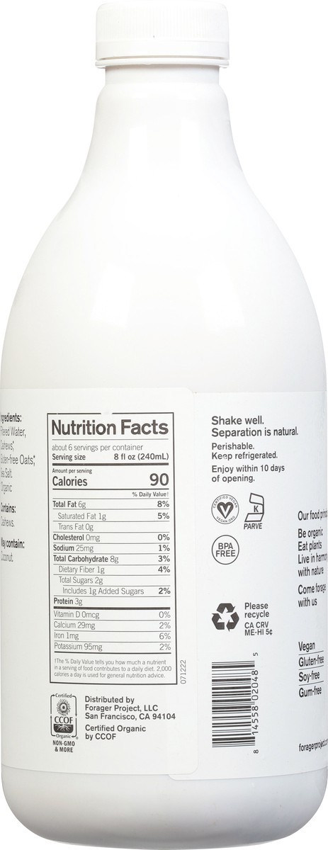 slide 9 of 9, Forager Project Cashew Milk Vegan Unsweet Organic, 48 fl oz