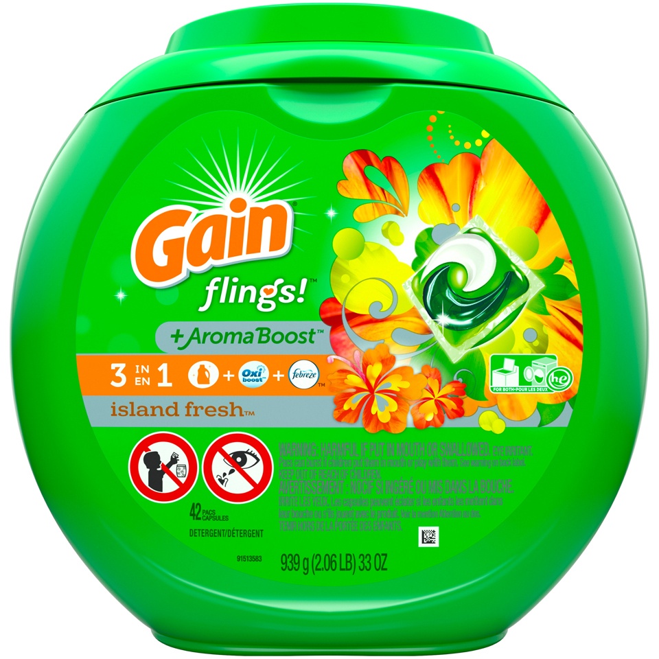 slide 1 of 2, Gain Flings! Laundry Detergent Pacs, Island Fresh, 42 Count, 33 oz