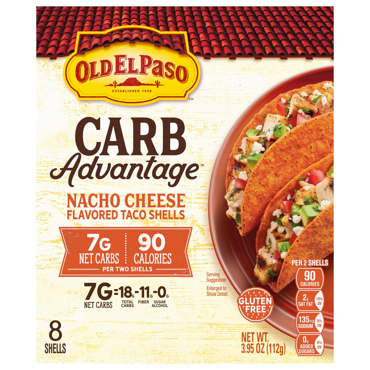 slide 1 of 15, Old El Paso Carb Advantage Taco Shells, Nacho Cheese Flavored, 7g Net Carbs, 90 Calories, Gluten Free Crunchy Taco Shells, 8 Count, 3.95 oz, 8 ct