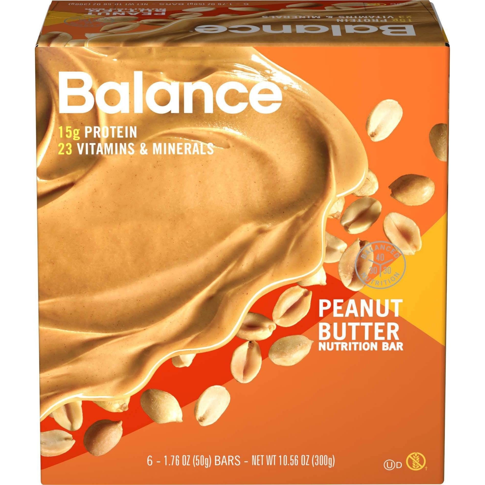 slide 1 of 1, Balance Bar Peanut Butter Nutrition Bar, 6 ct