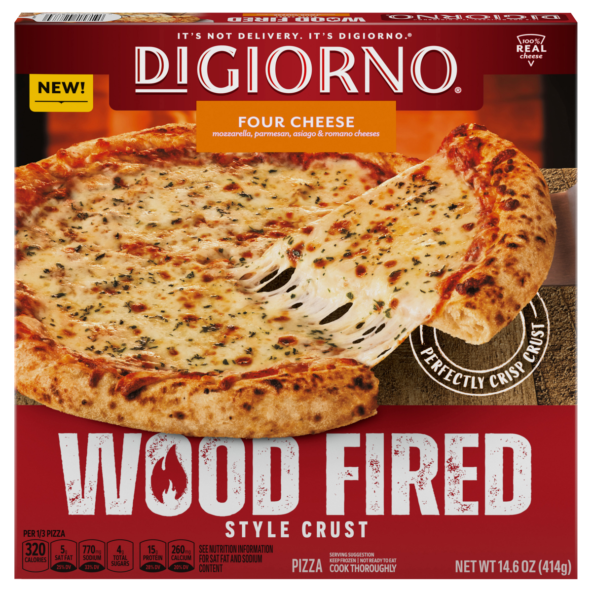 slide 1 of 8, DiGiorno Four Cheese Pizza, Wood Fired Style Crust, Frozen Cheese Pizza, 14.6 oz