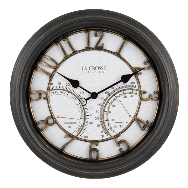 slide 1 of 1, Indoor/Outdoor Wall Clock with Temperature and Humidity, 19.75 in
