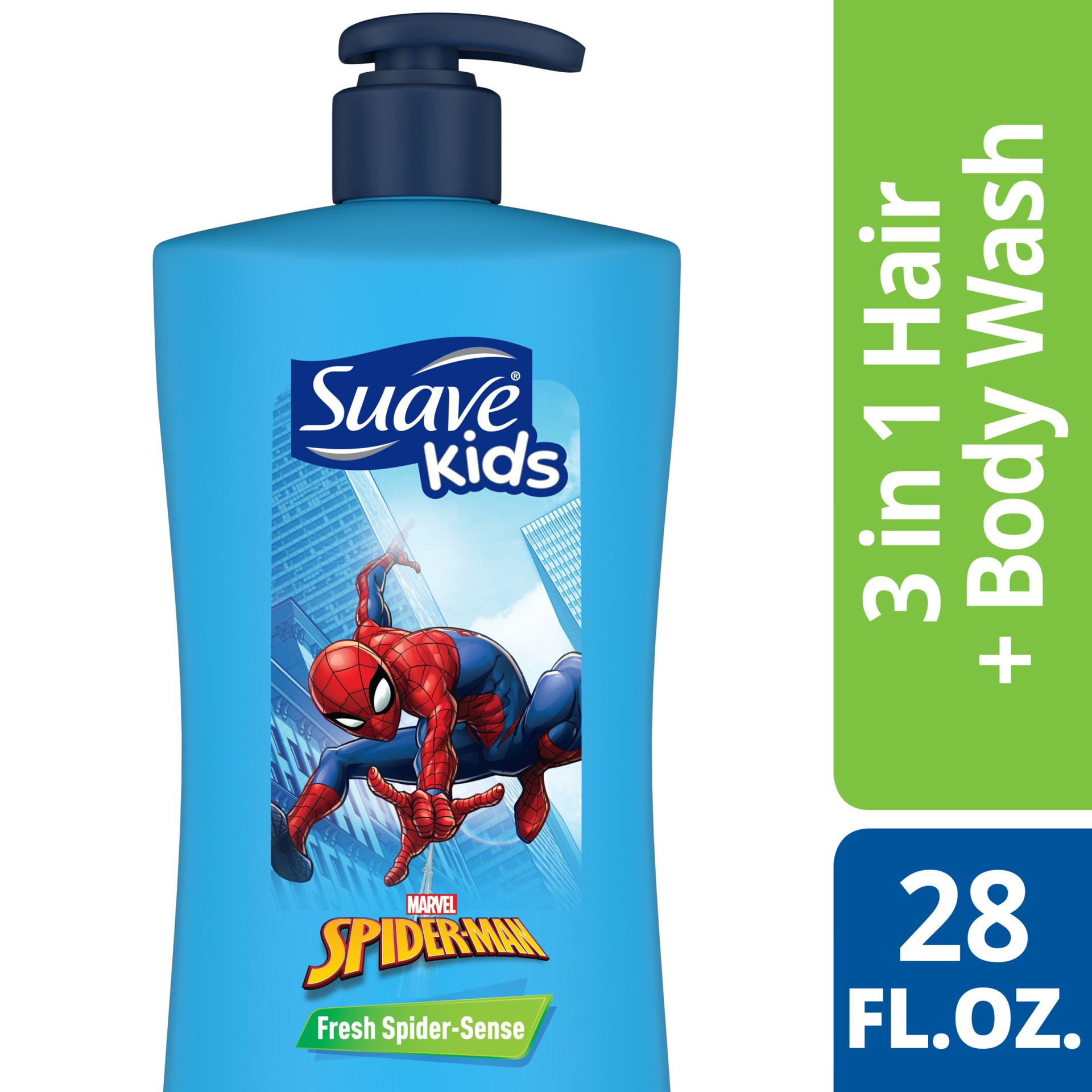 slide 1 of 3, Suave Kids 3 in 1 Shampoo Conditioner Body Wash Fresh Spider-Sense, For Tear-Free Bath Time, Dermatologist-Tested Kids Shampoo 3 in 1 Formula 28 oz, 28 oz