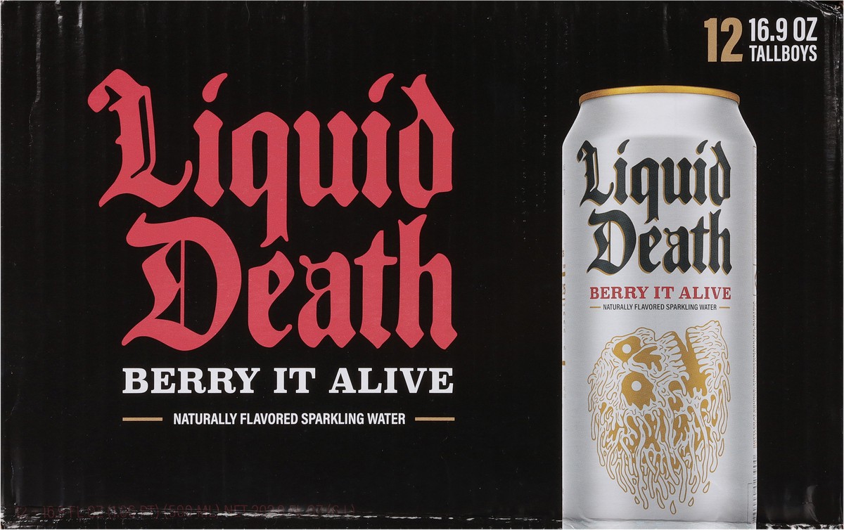 slide 3 of 7, Liquid Death Sparkling Water, Berry It Alive, 16.9 oz Cans (12-Pack), 202.8 oz