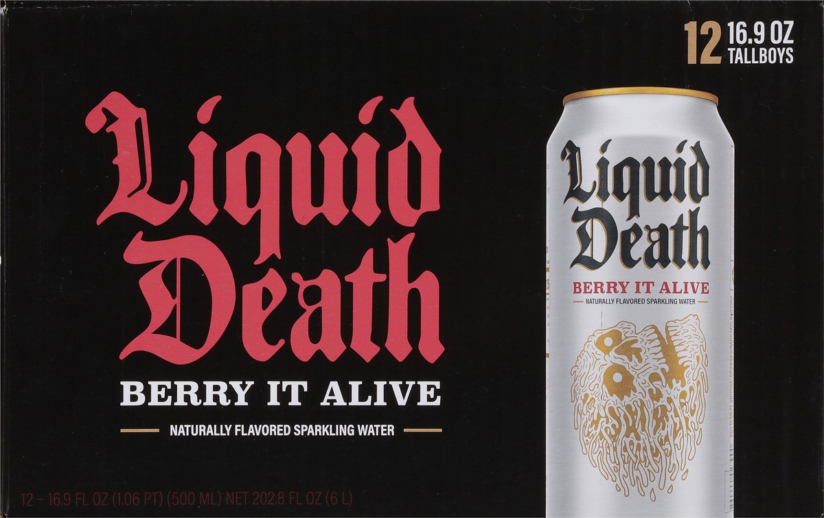 slide 2 of 7, Liquid Death Sparkling Water, Berry It Alive, 16.9 oz Cans (12-Pack), 202.8 oz