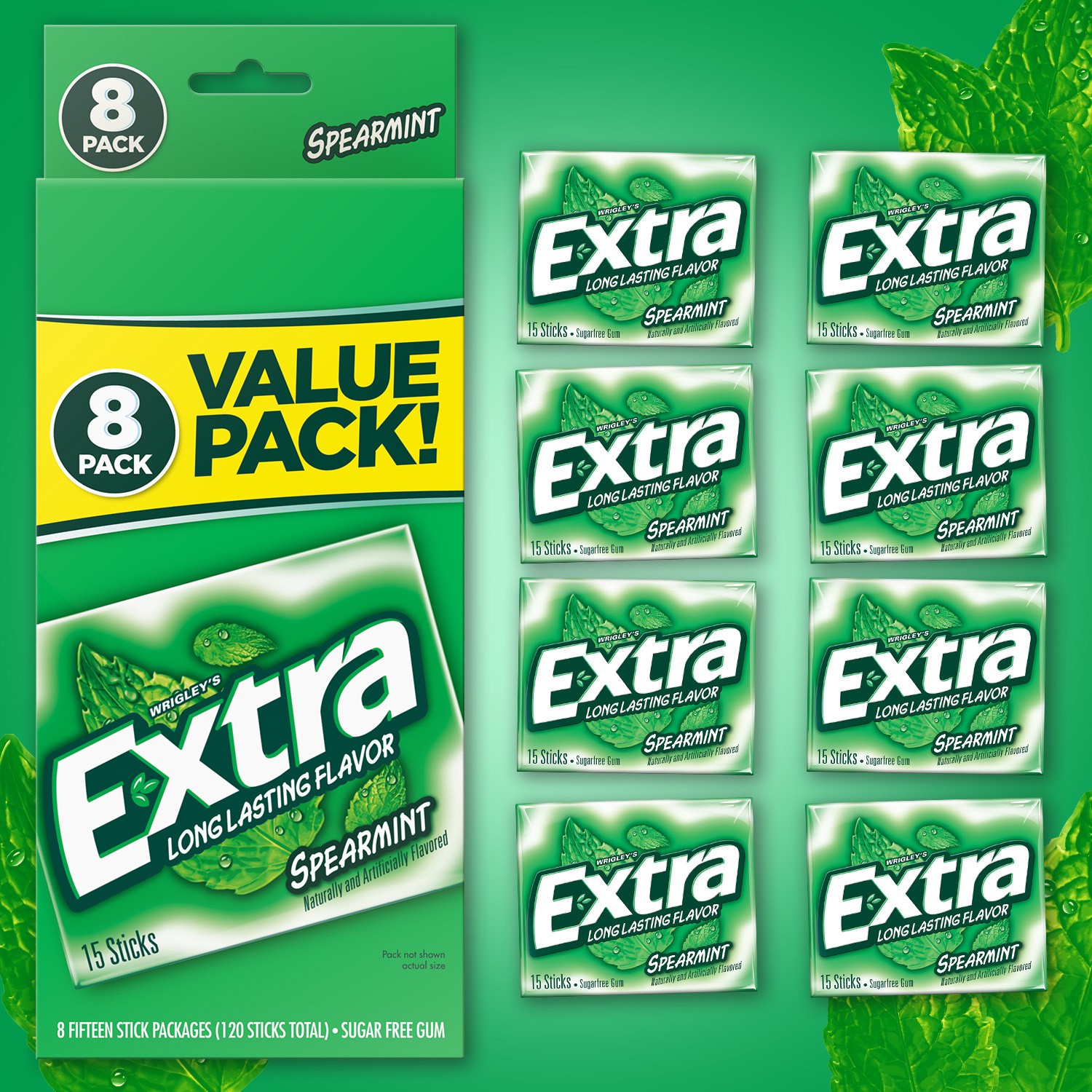 slide 4 of 8, EXTRA Spearmint Sugarfree Gum, value pack (8 packs total), 8 ct