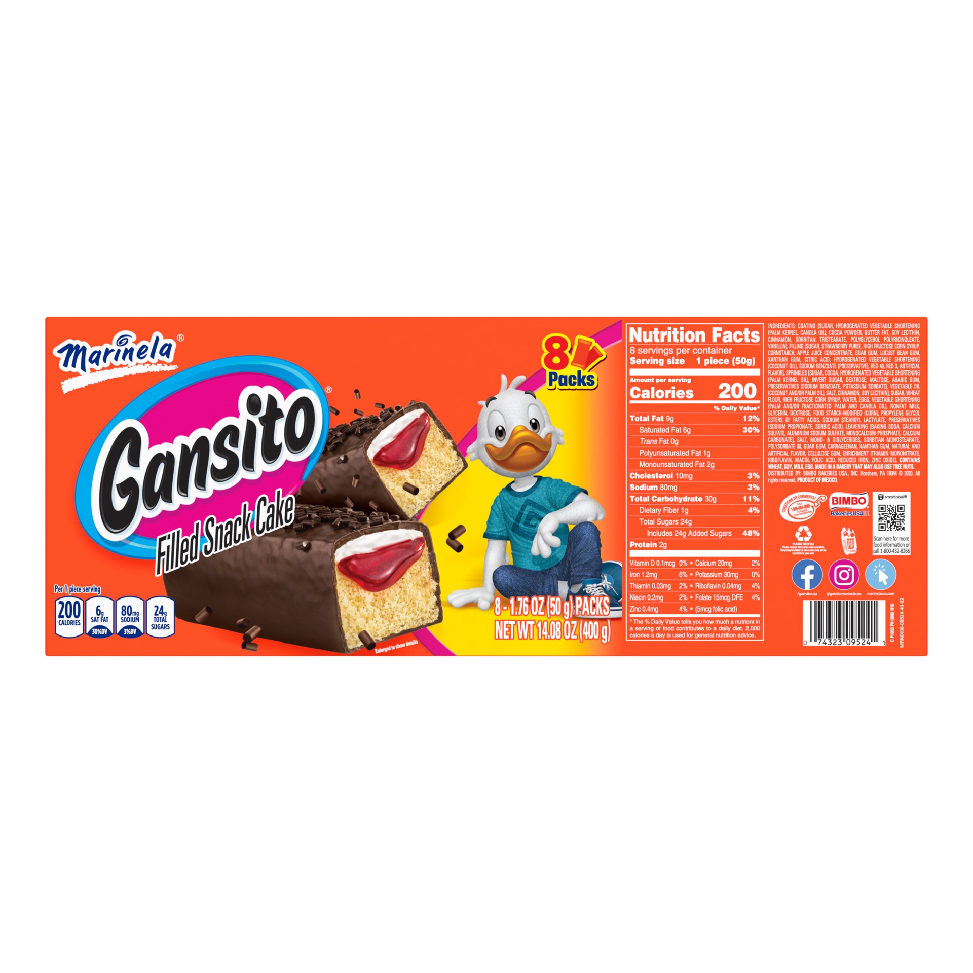 slide 5 of 5, Marinela Gansito Chocolatey Filled Snack Cake, 8 packs, Strawberry, Chocolate and Crème Snack Cakes, 14.08 oz Multipack, 8 ct