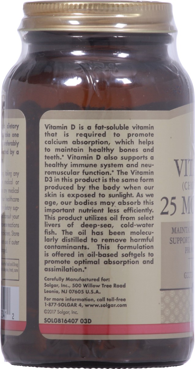 slide 4 of 9, Solgar 25 mcg Vitamin D3 250 Softgels, 250 ct