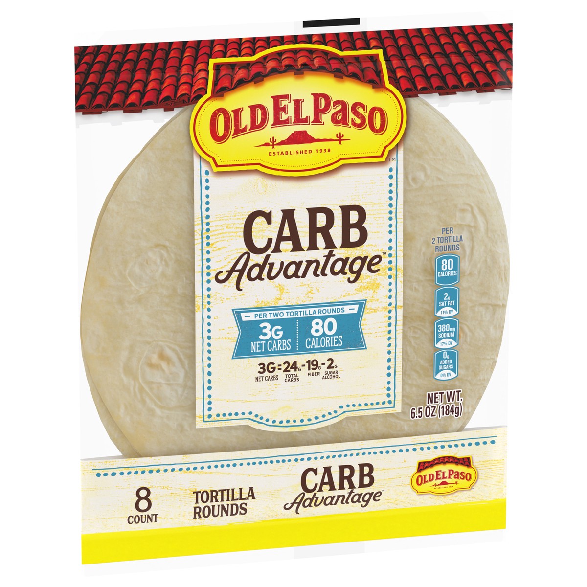 slide 9 of 14, Old El Paso Carb Advantage Tortilla Rounds, 3g Net Carbs, 80 Calories, 8 Ct, 6.5 oz, 8 ct
