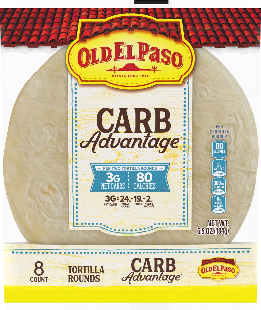 slide 3 of 14, Old El Paso Carb Advantage Tortilla Rounds, 3g Net Carbs, 80 Calories, 8 Ct, 6.5 oz, 8 ct