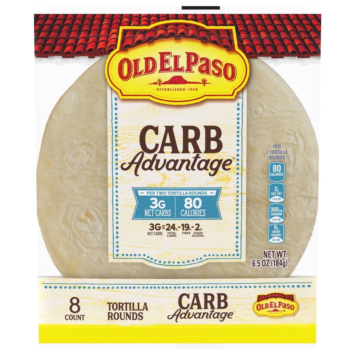 slide 1 of 14, Old El Paso Carb Advantage Tortilla Rounds, 3g Net Carbs, 80 Calories, 8 Ct, 6.5 oz, 8 ct