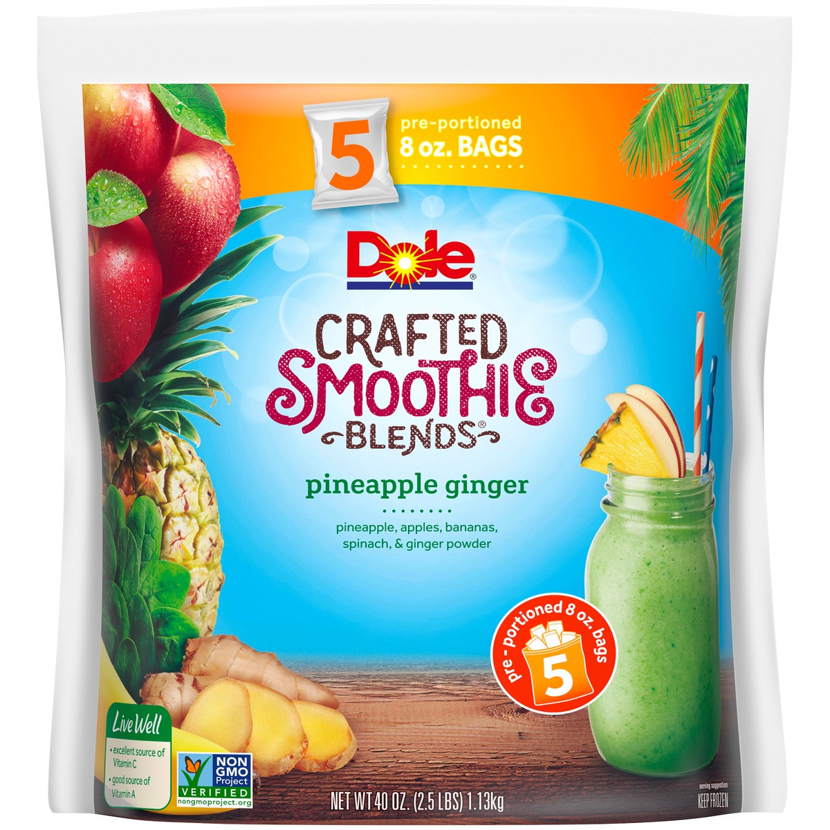 slide 1 of 13, Dole Pineapple Ginger Crafted Smoothie Blends 5-8 oz. Bags, 40 oz