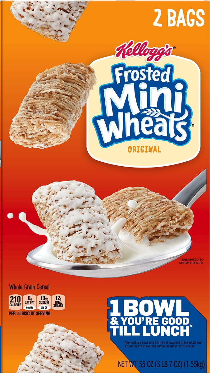 slide 2 of 8, Frosted Mini-Wheats Kellogg's Frosted Mini-Wheats Breakfast Cereal, High Fiber Cereal, Kids Snacks, Original, 55oz Box, 2 Bags, 55 oz