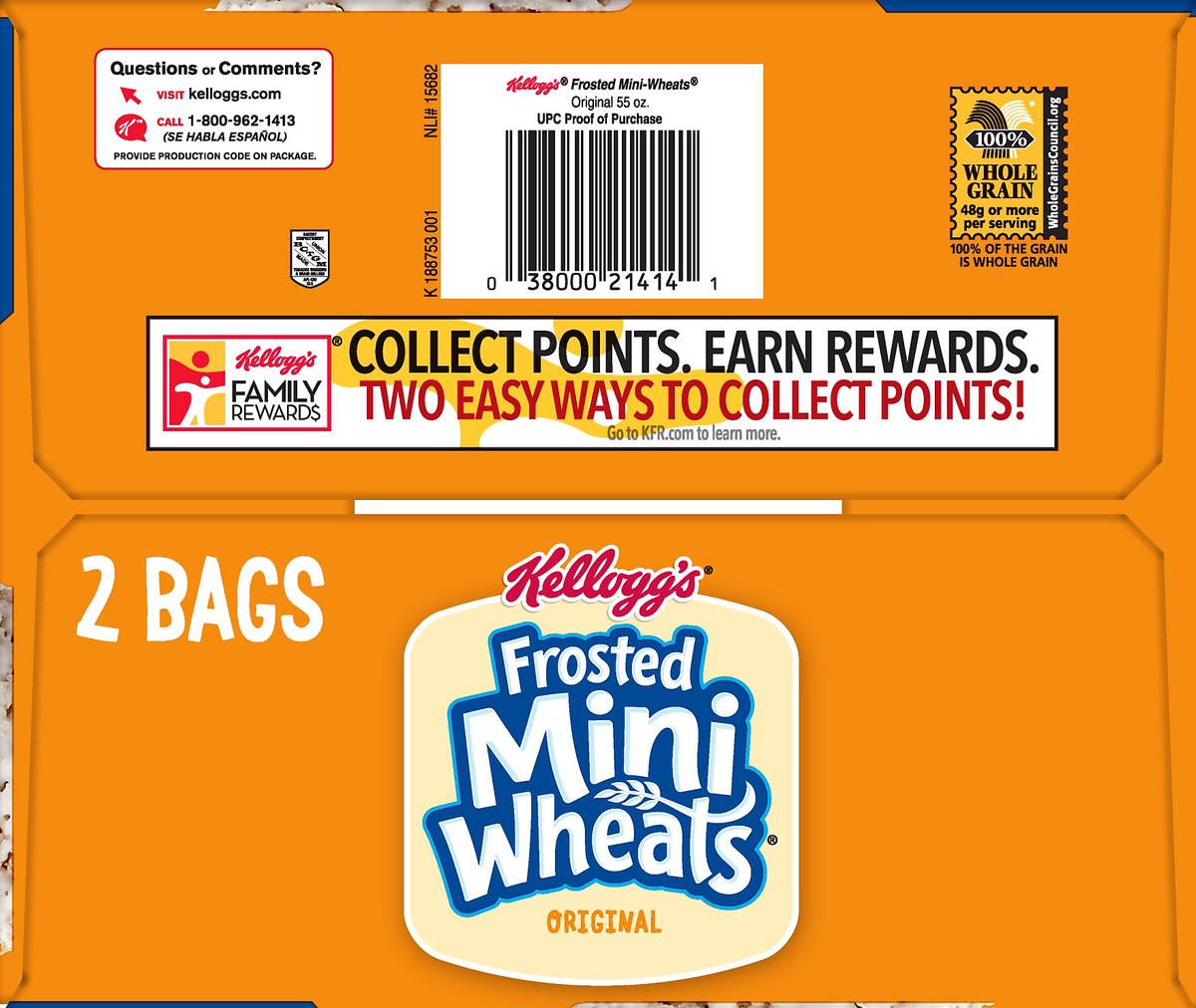 slide 7 of 8, Frosted Mini-Wheats Kellogg's Frosted Mini-Wheats Breakfast Cereal, High Fiber Cereal, Kids Snacks, Original, 55oz Box, 2 Bags, 55 oz
