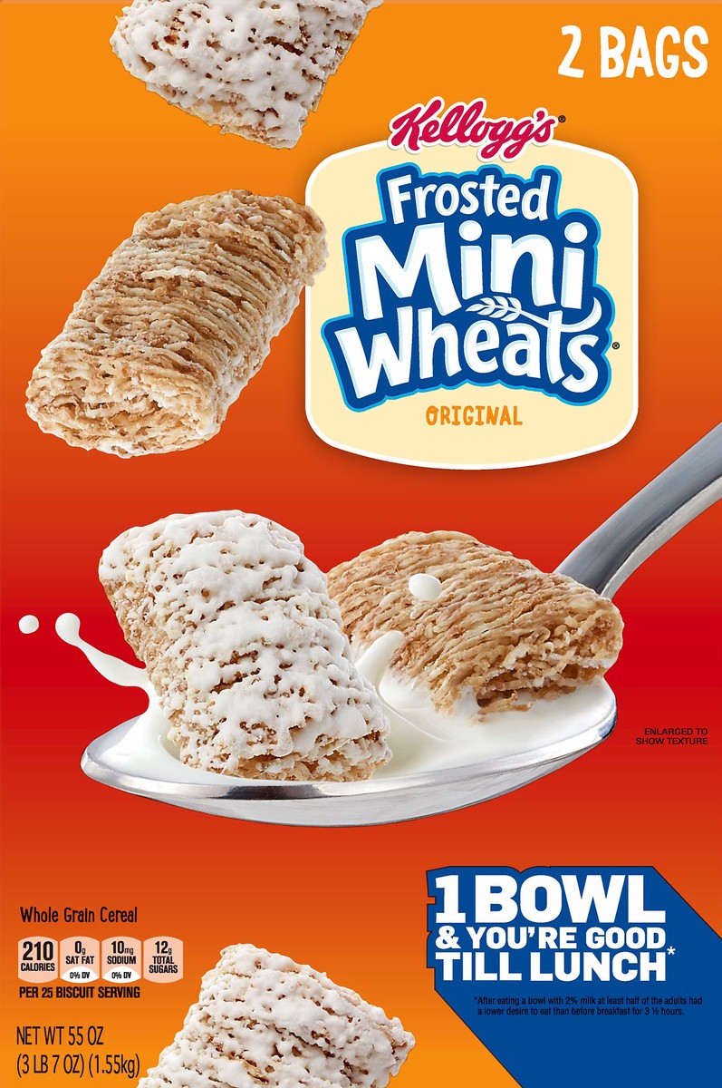 slide 6 of 8, Frosted Mini-Wheats Kellogg's Frosted Mini-Wheats Breakfast Cereal, High Fiber Cereal, Kids Snacks, Original, 55oz Box, 2 Bags, 55 oz